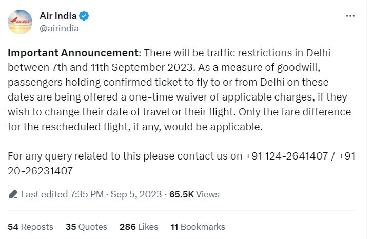 G20: दिल्ली आने-जाने वाले यात्रियों को नहीं होगी कोई परेशानी, यात्रा की डेट बदलने पर Air India देगी छूट